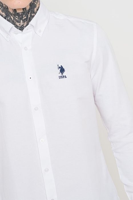 US Polo Assn. Риза от смесен памук с яка с копчета, бяла