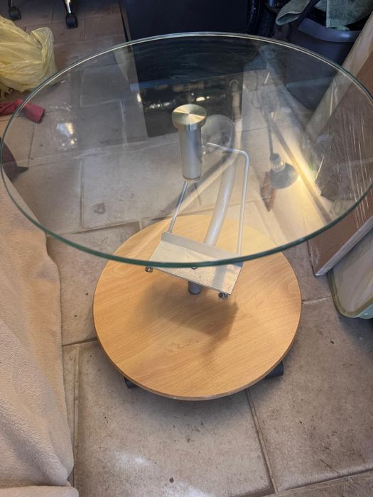 Măsuță rotativă din sticlă + lemn, design modern