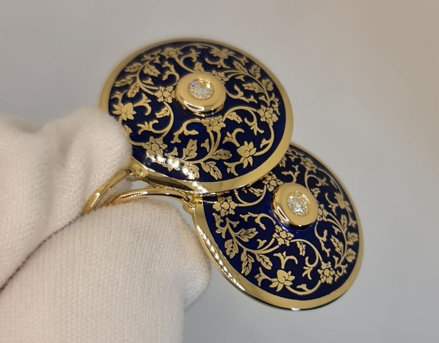 Cercei aur 14k email albastru regal și diamante naturale