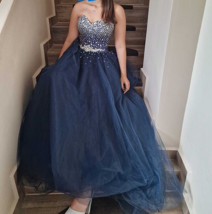 Абитуриентска рокля син цвят със сребристо S/M