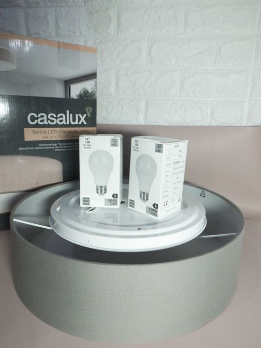Plafonieră Casalux textilă gri Ø38 cm, 2xE27, cu 2 becuri LED incluse – Nouă