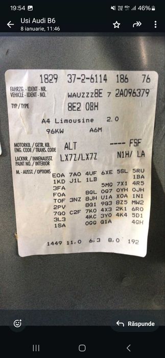 Vand 4 usi +,borbagaz pentru audi a4 b6 gri inchis