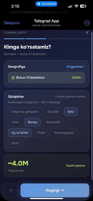 Telegram'da reklama — 900 000 so'mdan, to'g'ridan-to'g'ri