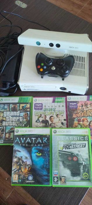 Xbox 360 + Kinect + 5 игри + безжичен контролер – готов за игра (за цялтото семейство!)