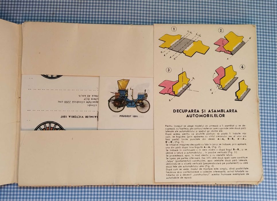 Automobilul ieri,Carte joc de decupat și asamblat,vechi JECO, comunism