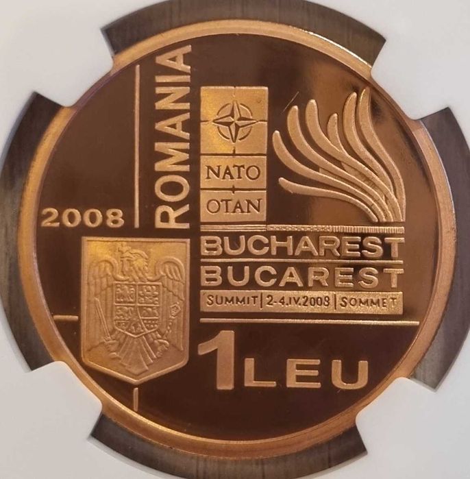 Moneda BNR 1 leu tombac Summitul NATO gradata NGC PF 69 UC