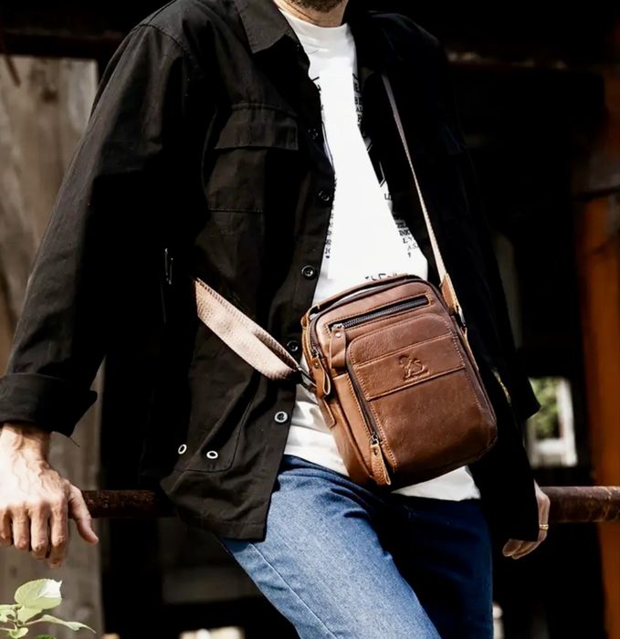 Мъжка кожена чанта LOSHIZIY/Луксозна в Кафяв и Черен цвят -7%Промоция!