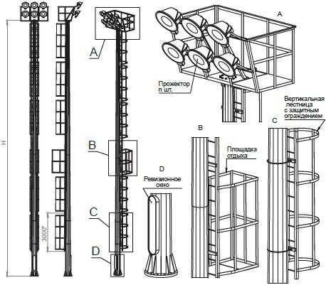 Мачты освещения стадиона, футбольного поля, спортивной площадки