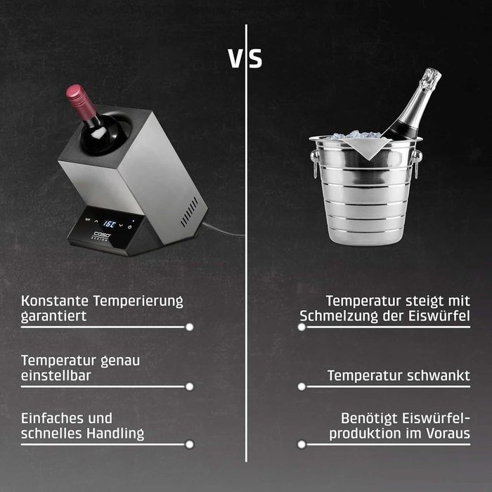 Охладител за вино CASO WineCase One Inox Design за една бутилка, температурен диапазон от 5-18°C, за бутилки с диаметър до 9 см, сензорно управление