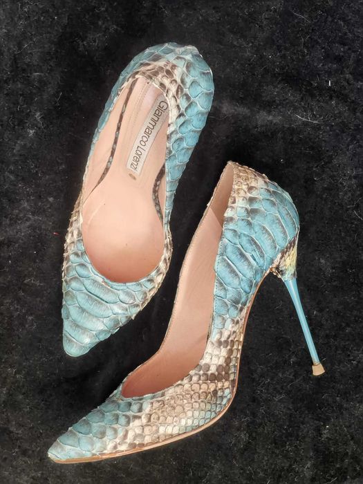 Pantofi lux stiletto toc metalic piele piton turcoaz Gianmarco Lorenzi
