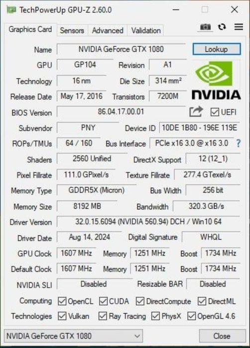 PNY GTX 1080 8gb