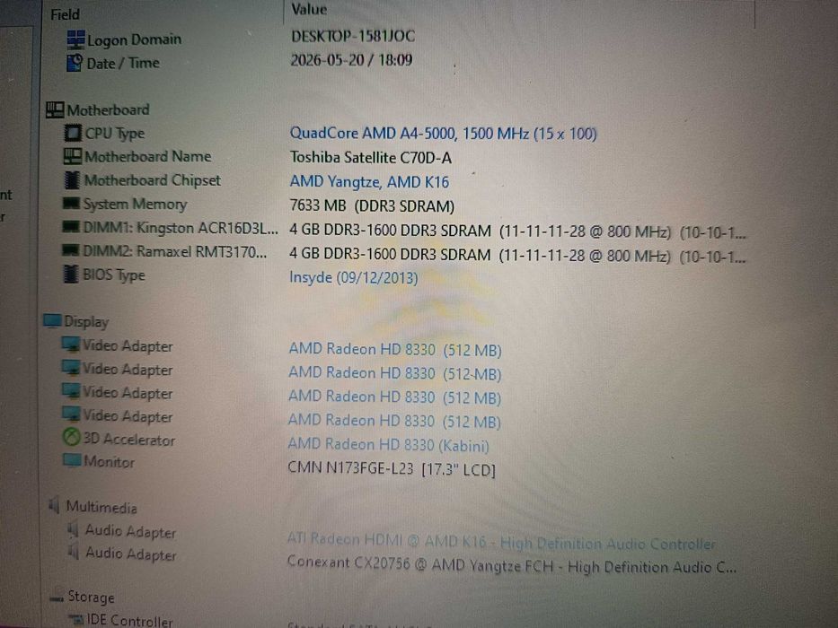 Laptop Toshiba Satellite C70d, quad core AMD A4 5000, video radeon HD8330, display mare 17,3 inch, 4gb ram