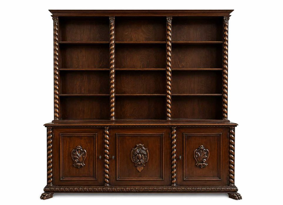 Biblioteca Vintage Stil Baroc Revival; Dulap din lemn masiv cu rafturi si usi