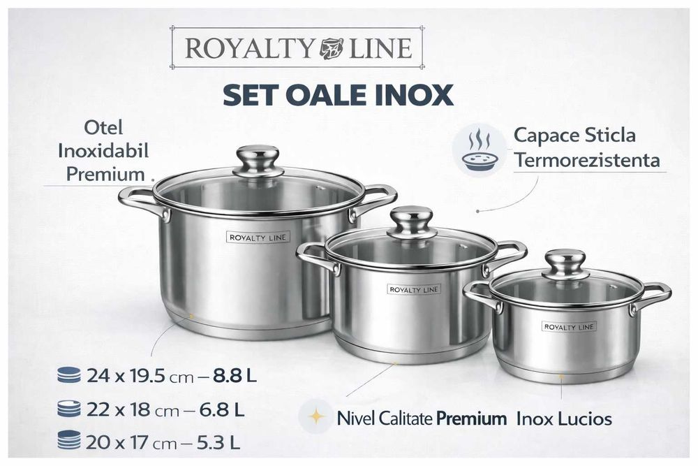 Set oale inox Royalty Line, 6 piese, capace din sticla