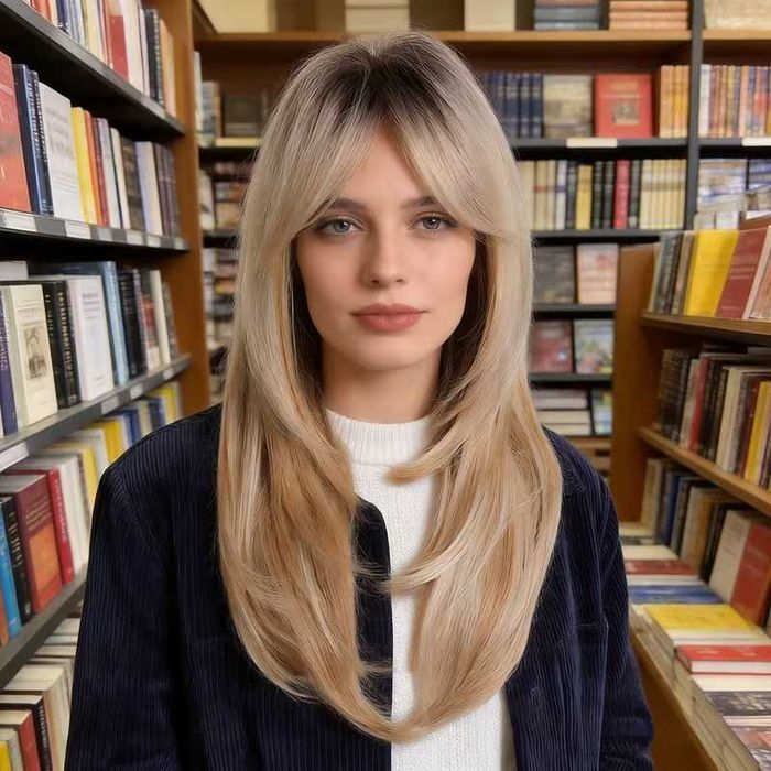 Руса перука с тъмни корени и бретон – 60 см, на пластове, синтетична