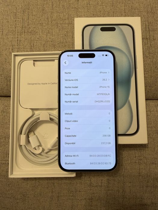 iphone 15 blue, 256gb, ca nou, baterie 100% (50 cicluri)