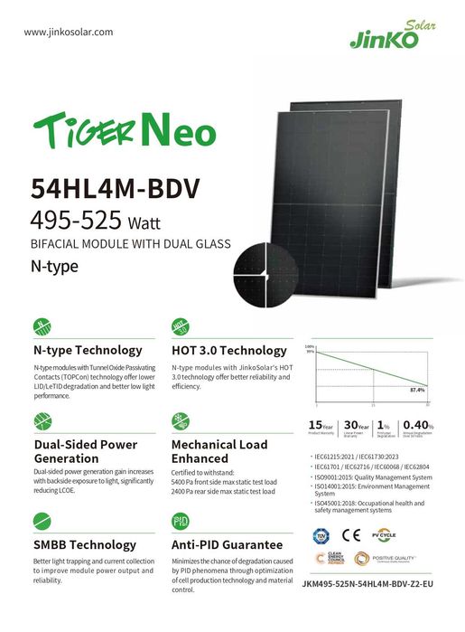 Panouri fotovoltaice bifaciale Jinko Tiger Neo 515W Rama neagra