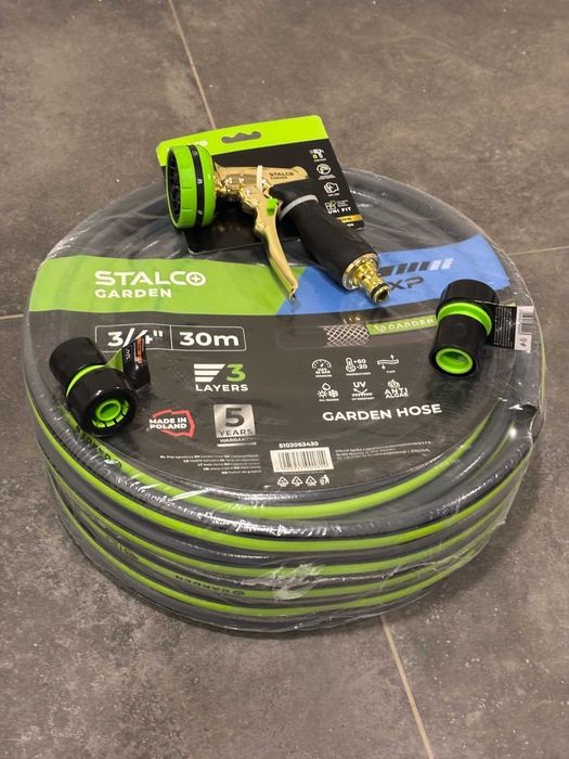 Set Complet Furtun Grădină 3/4" 30m STALCO GARDEN + Pistol Alamă 8 Funcții
