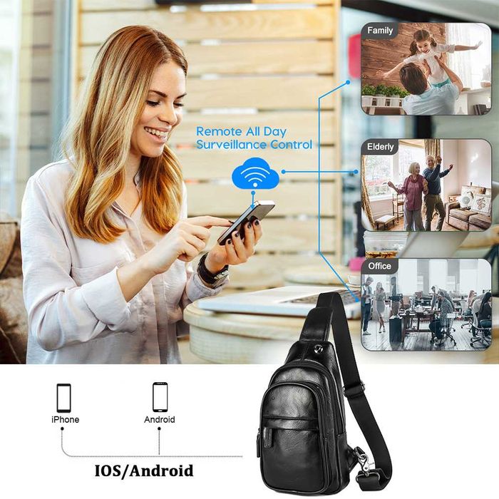 Мъжка кожена чанта със скрита камера, шпионска WIFI камера