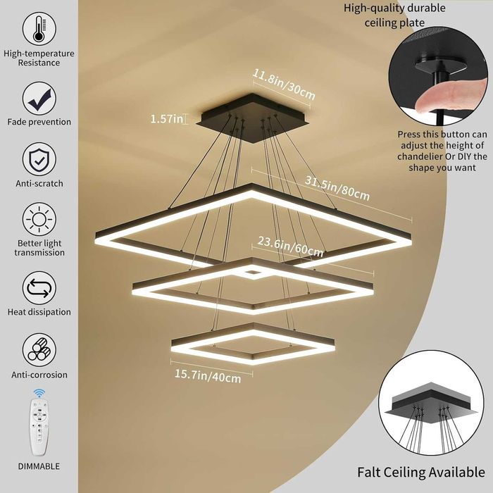 Модерен LED полилей, димируем, 3-слоен квадрат, регулиране на височина