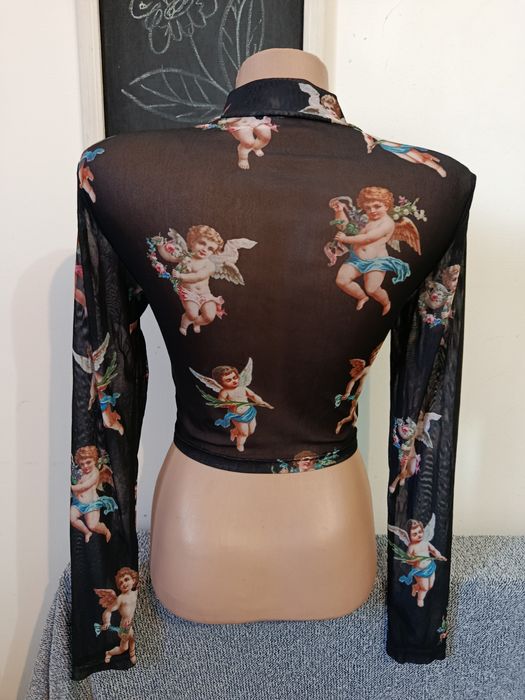 Bluza Pull and Bear mesh cu îngerași Punk Rock Goth Altercore mărimea XS-S elastica