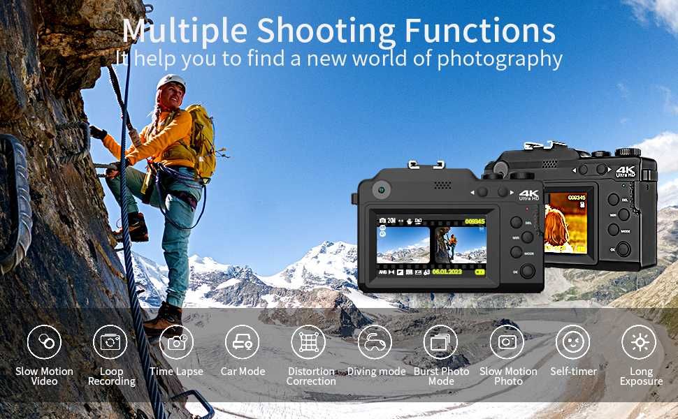 Цифрова фотокамера TEKXDD, 4K Vlog камера+ 64 GB SD карта