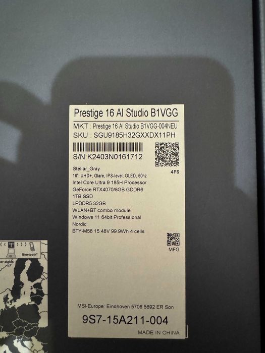 Laptop MSI - Prestige 16 AI Studio B1VGG, 16'', UHD, Ultra 9, RTX 4070