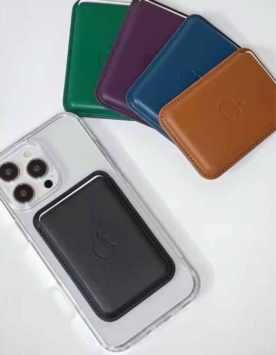 Промоционален пакет: Прозрачен Magsafe калъф + Кожен портфейл за гърба за iPhone 11/12/13/14/15/16/17 Mini, Plus, Air, Pro и Pro Max