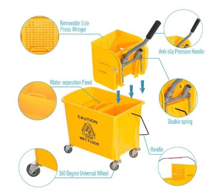 Carucior galeata 20L cu storcator pentru curatenie, Galben