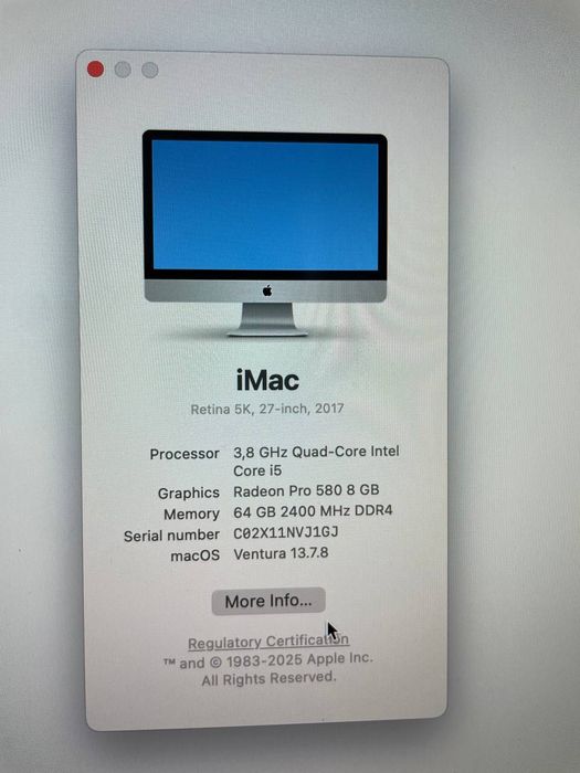 iMac 27, 5k 2017 - i5 3.8Ghz, 64GB RAM, 2TB SSD, Radeon 580 8 GB