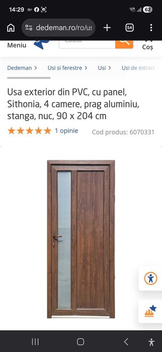Ușă exterior din PVC , second hand, cu panel, Sithonia , prag aluminiu, stânga, nuc, 90x204 cm   , grosimea tocului este de 7 cm