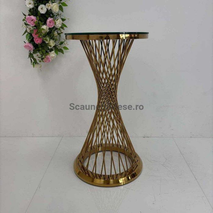 Masa Luxury Cocktail/Stand-Up, Baza Spirala Aurie, Blat Sticla Neagra