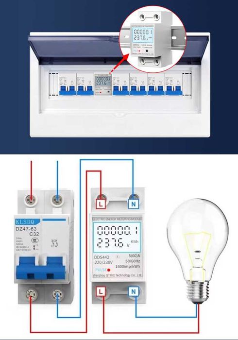 Монофазен електромер за DIN шина | Мултидисплей, 80A, 36мм