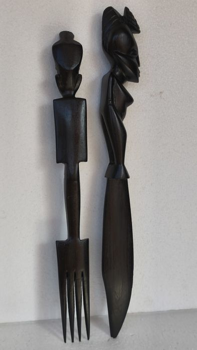 2 statuete sculptura abanos set rustic arta handmade figurine lemn