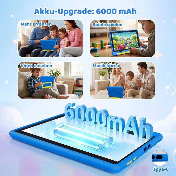 Tabletă pentru copii, 10 inch, Android 16 cu 3 GB RAM + 64 GB ROM (TF 1TB), Wi-Fi 6G, Widevine L1, 6000 mAh, husă de protecție rezistentă la căderi,