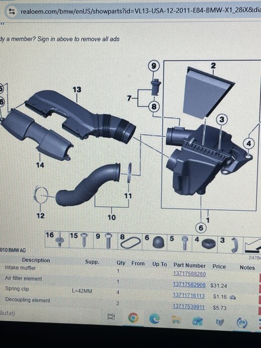Carcasa filtru aer bmw x1 E84 an 2009-2015
