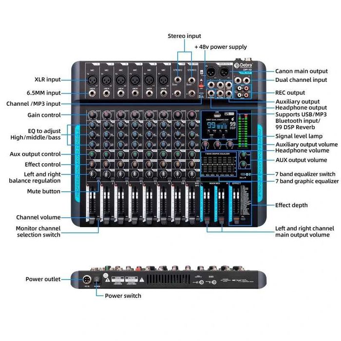 Mixer audio Debra DP-10 – 10 canale, DSP,Bluetooth,USB,Phantom 48V–NOU