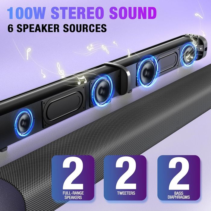 Саундбар 2-в-1 100Вт, 6 динов, 3D-звук, Bluetooth 5.3, 5 входов, RGB