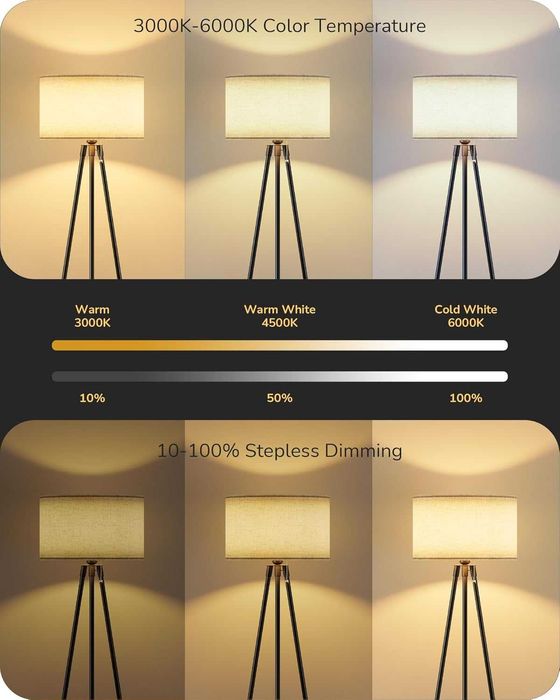 Lampă de podea EDISHINE trepied metalic negru | LED dimabil 3000K–6000K | telecomandă magnetică | bec E27 inclus