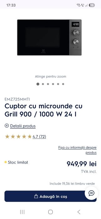 Cuptor cu microunde cu Grill 900 / 1000 W 24 l Electrolux