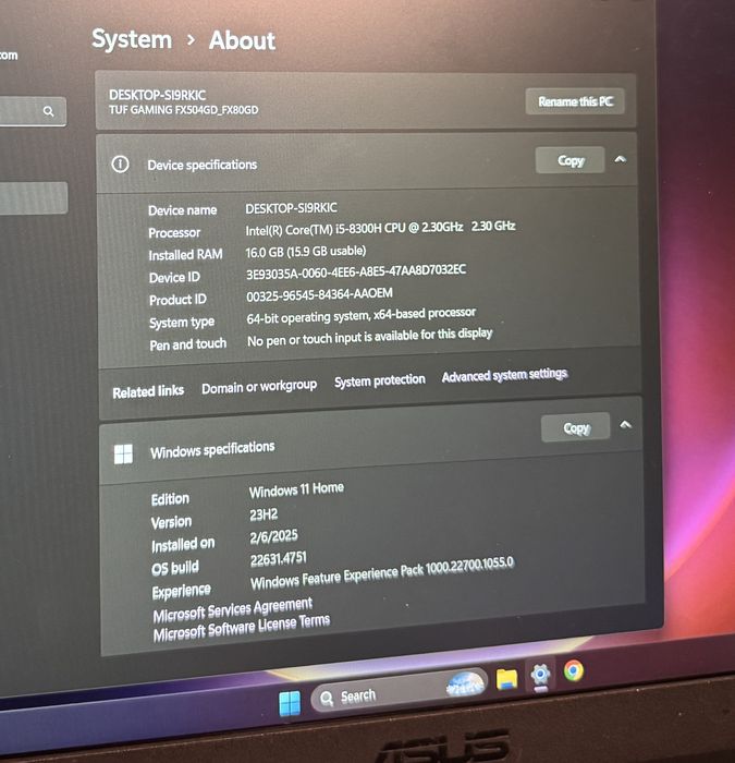 Laptop calculator pc gaming Asus Tuf FX504G i5 gtx 1050 16 gb ram