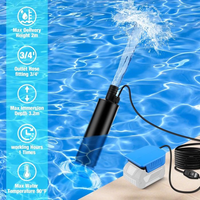 Pompă Submersibilă 30L/min 120W 15FT Ridicare Compatibilă cu Baterie Bosch GBA 18V