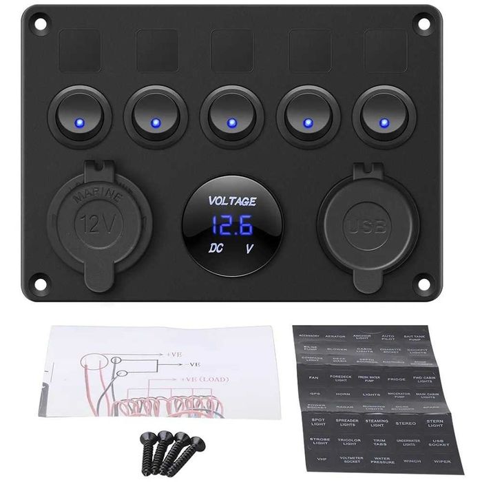 Панел за вграждане с 5 бутона, USB, 12V и волтметър
