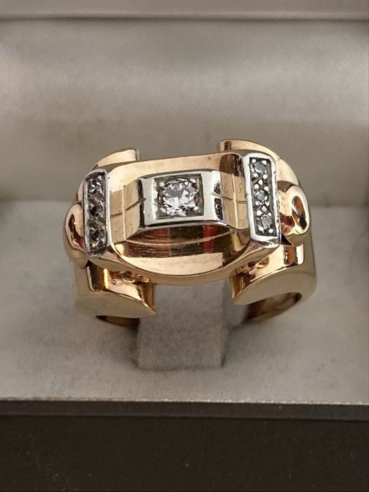 Inel antic Tank aur roz cu diamante