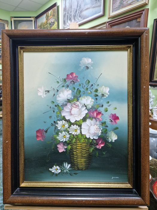 Прекрасна антикварна авторска картина масло платно натюрморт