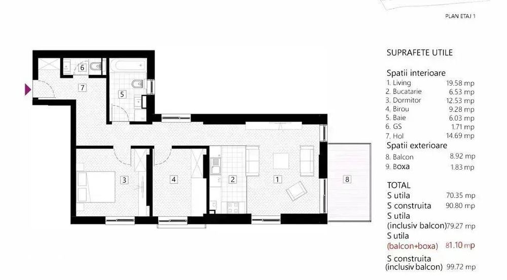 Apartament 3 camere, balcon, boxa, metrou Stefan cel Mare, bloc nou