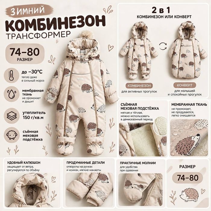 Зимний комбинезон-трансформер 74-80см