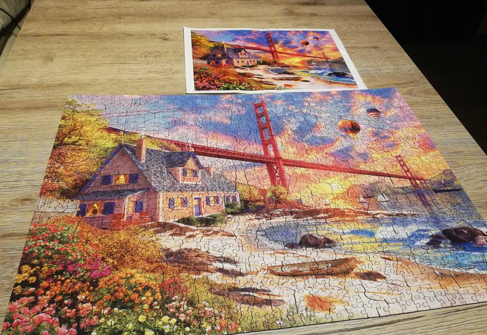 Дървен пъзел Trefl - Wood Craft, Залез над Golden Gate, 1000 части