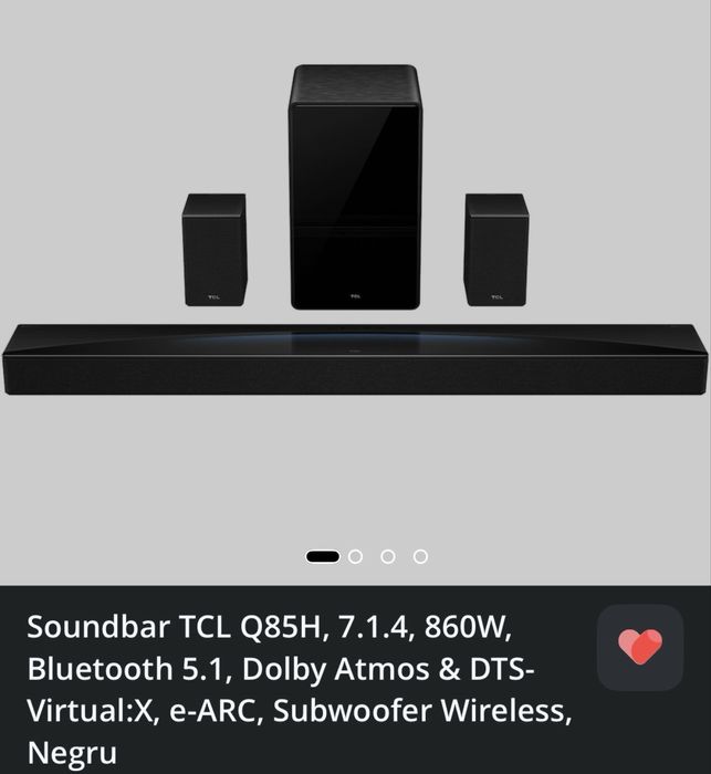 Soundbar TCL Q85H, 7.1.4, 860W, Dolby Atmos, Garantie 2 ani, Wireless