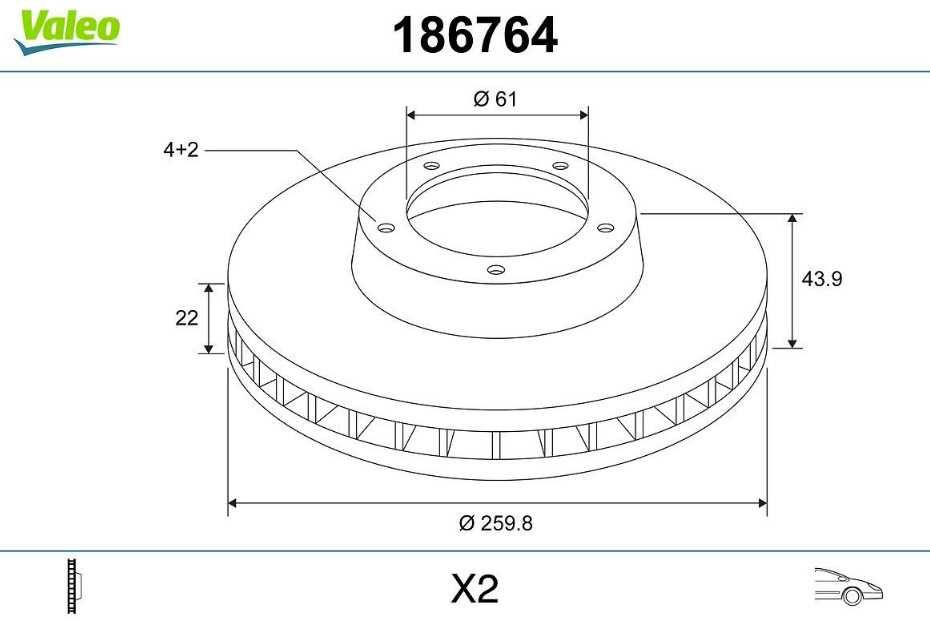 VALEO 186764 cпирачен диск, комплект от 2 броя, предна ос, диаметър 260 мм